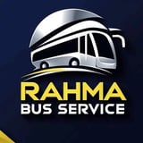 Rahma Bus Service logo featuring a stylized white and silver bus with curved lines on a dark blue background and yellow text